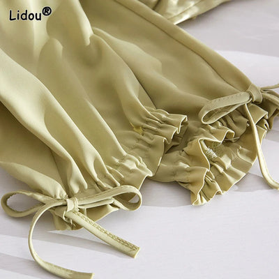 2023 Women's Clothing Fashion Casual Lacing Loose Pockets Solid Color Comfortable Spring Summer Thin Pleated Drape Lantern Pants