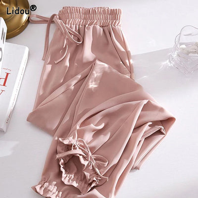 2023 Women's Clothing Fashion Casual Lacing Loose Pockets Solid Color Comfortable Spring Summer Thin Pleated Drape Lantern Pants