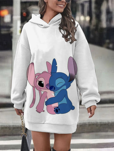 Ladies Sweater Casual Printing Disney Stitch Round Neck Long Sleeve Hooded Sweater Dress Simple Fashion Ladies Clothing New